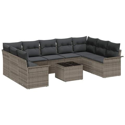 Set di Divani da Giardino 9 Pezzi con Cuscini Rattan Poliestere Nero, Divano da Giardino a Due Posti con Ripostiglio e Cuscini Rattan Poliestere Grigio - Foto 1