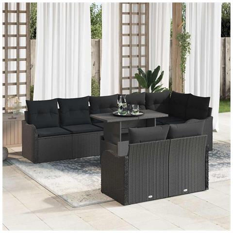 Set divano da giardino  9 pezzi con cuscini Nero Polyrattan, Divano da giardino  2 posti con cuscini Nero Polyrattan - Foto 2