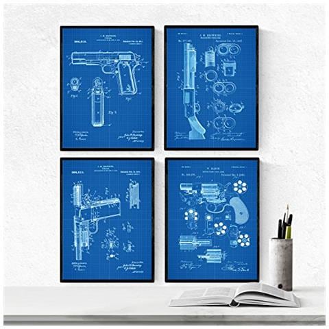 Set Di 4 Stampe Blu Fogli Con Le Pistole Brevetti. Impostare Manifesti Con Invenzioni E Vecchi Brevetti. Scegli Il Colore Che Gradite Senza Cornice A4 - Foto 1