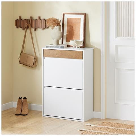 Armadio Scarpiera Salvaspazio Con Ante Ribaltabili E Cassetto, Design Nordico, Bianco Rovere - Foto 2
