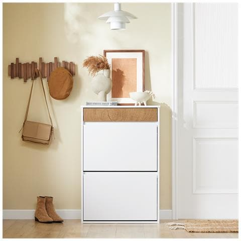 Armadio Scarpiera Salvaspazio Con Ante Ribaltabili E Cassetto, Design Nordico, Bianco Rovere - Foto 7