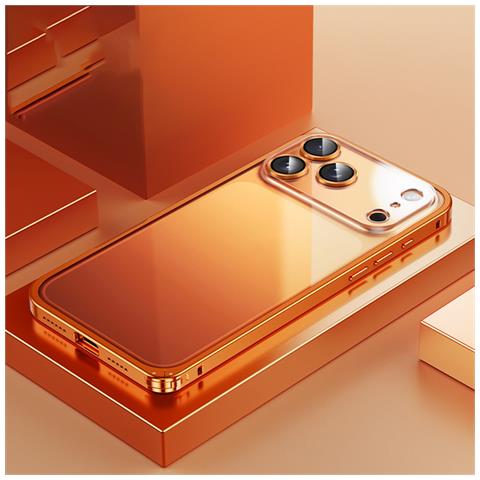 Custodia Bumper Arancione In Lega Di Alluminio Compatibile Con Iphone 17 Pro Max - Chiusura Magnetica E Retro Trasparente - Foto 5