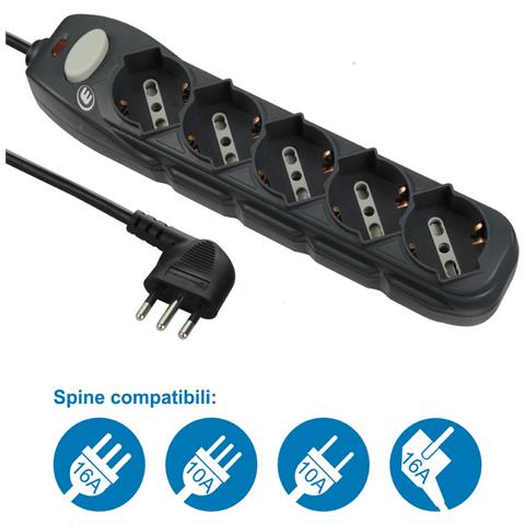 62065 Multipresa 5 posti polivalenti (schuko + 10/16A) con interruttore - cavo 1,5 m nero - Foto 2