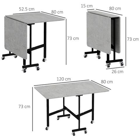 Tavolo Pieghevole a Ribalta per 4-6 Persone con 6 Rotelle, in Legno e Acciaio, 120x80x73 cm, Grigio - Foto 2