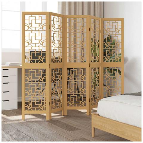 Divisorio Ambienti 5 Pannelli Marrone Legno Massello Paulownia - Foto 3