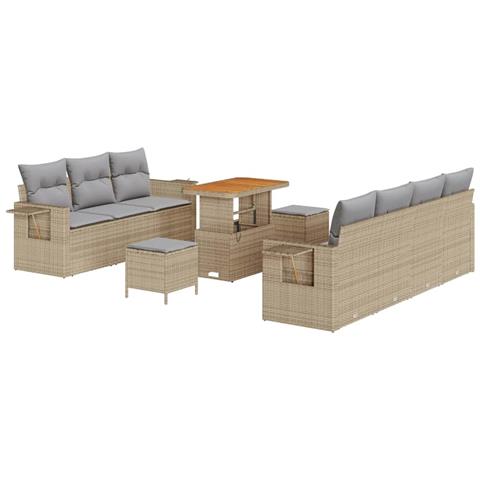 Set di divani da giardino da 10 pezzi con cuscini in polyrattan beige Acacia, Set da pranzo da giardino da 3 pezzi con cuscini in polyrattan beige Acacia - Foto 1
