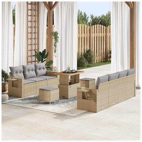 Set di divani da giardino da 10 pezzi con cuscini in polyrattan beige Acacia, Set da pranzo da giardino da 3 pezzi con cuscini in polyrattan beige Acacia - Foto 2