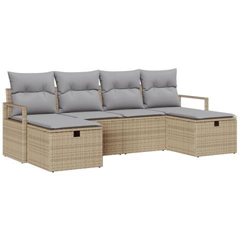 Set di divani da giardino in 6 pezzi con cuscini beige polirattan, Divano da giardino a 2 posti con cuscini beige polirattan - Foto 1