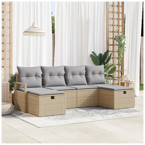 Set di divani da giardino in 6 pezzi con cuscini beige polirattan, Divano da giardino a 2 posti con cuscini beige polirattan - Foto 2