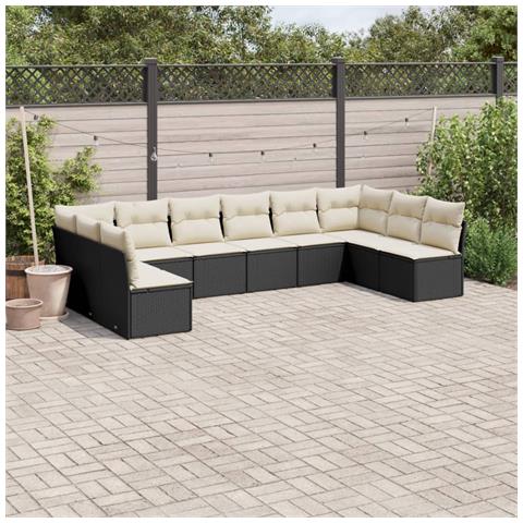 Set Divani da Giardino 10pz con Cuscini in Polyrattan Nero - Foto 2