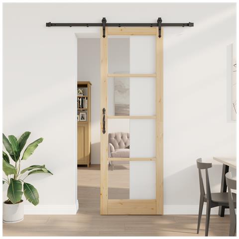 Set Porta Scorrevole  con Kit di Montaggio 78x232 cm Legno Massello di Pino, Porta Interna  con Vetro 'ORKDAL'78x232x4 cm Legno Massello di Pino - Foto 2