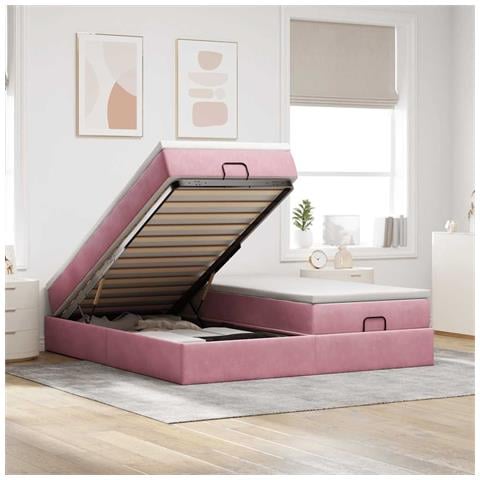 Struttura Letto Pouf con Materassi Rosa 160x200 cm Velluto - Foto 2
