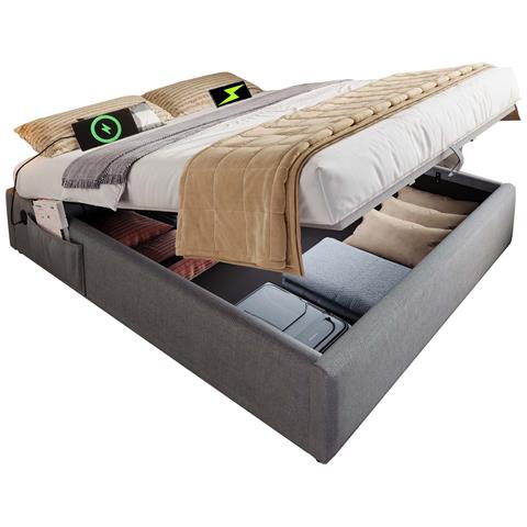 Letto Matrimoniale In Cotone Grigio Con Usb E Contenitore Idraulico - Foto 1