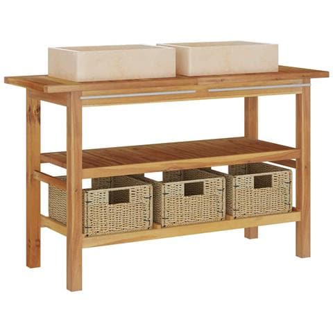 Mobile Vanità Bagno e Lavandini Marmo Crema Legno Massello Teak - Foto 1