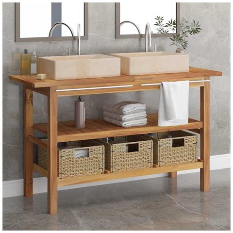 Mobile Vanità Bagno e Lavandini Marmo Crema Legno Massello Teak - Foto 2