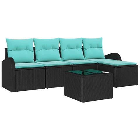Set di divani con cuscino 6 pcs Nero e Turchese polyrattan - Foto 1