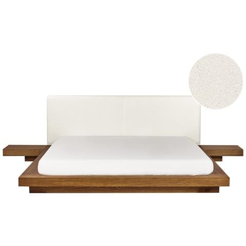 Letto Matrimoniale Legno Chiaro Con Testata In Bouclé Con Led 180 X 200 Cm Zen - Foto 2