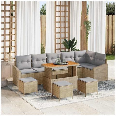 Set Divano da Giardino con Cuscini da 10 Pezzi Beige Polyrattan Acacia, Divano da Giardino a Due Posti con Cuscini Beige Polyrattan, Set da Pranzo da Giardino a 4 Pezzi con Cuscini Beige Polyrattan Acacia - Foto 2
