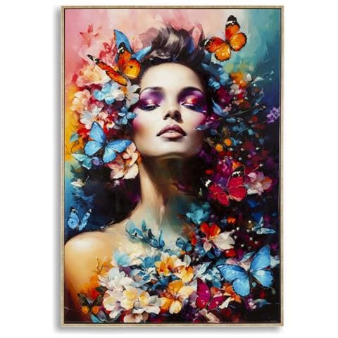 Dipinto Su Tela Marty A Donna Con Fiori E Farfalle, 62x92 Cm - Foto 1