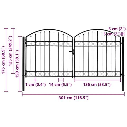 Cancello A Doppia Anta Ad Arco In Acciaio 300x125 Cm Nero - Foto 2