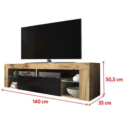 Bianko - Mobile Tv Moderno / Tavolino Tv / Porta Tv Elegante Con Ripiani In Vetro 140 Cm (quercia Dorata / Nero Lucido, Con Led) - Foto 4