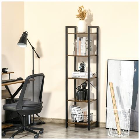 Libreria Stile Industriale A 5 Scaffali In Legno E Acciaio, 40x30x154cm, Marrone Rustico - Foto 2