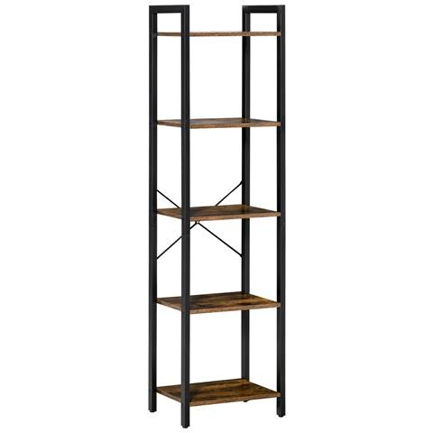 Libreria Stile Industriale A 5 Scaffali In Legno E Acciaio, 40x30x154cm, Marrone Rustico - Foto 1