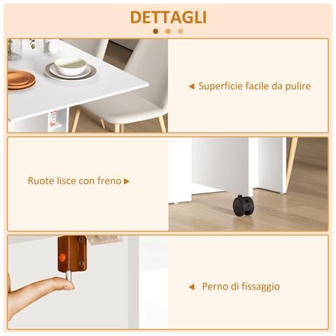 Tavolo Pieghevole Salvaspazio a 2 Ribalte per 6 Persone con Ripiani e Ruote, Bianco - Foto 2