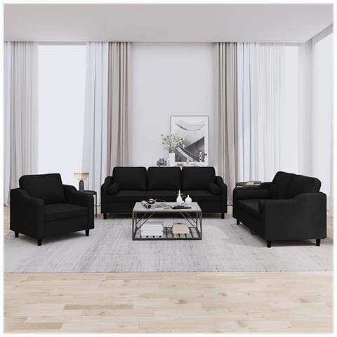 Set Divani 3 pz con Cuscini Nero in Tessuto - Foto 2