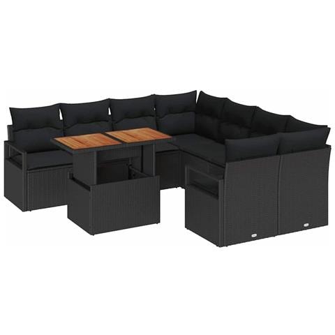 Set Divano da Giardino  9 Pezzi con Cuscini Nero Polyrattan, Divano da Giardino  a 2 Posti con Contenitore & Cuscini Nero Polyrattan - Foto 1