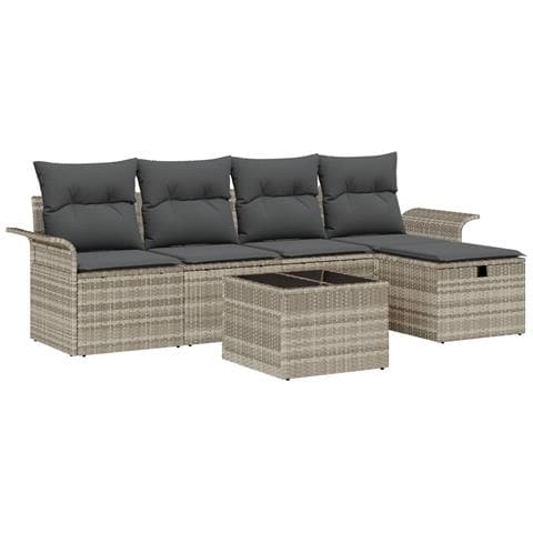 Set divano giardino 6 pezzi con cuscini grigio chiaro in rattan sintetico,  Divano giardino 2 posti con spazio di stoccaggio e cuscini grigio chiaro in rattan sintetico - Foto 1