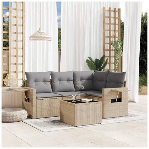 Set Divano da Giardino 5 pz con Cuscini Beige in Polyrattan - Foto 2