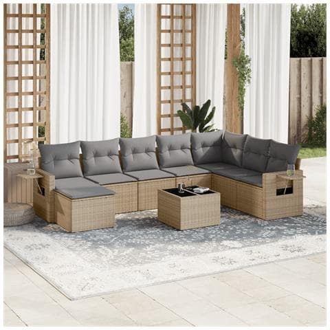 Set Divano da Giardino 9 pz con Cuscini Beige in Polyrattan - Foto 2
