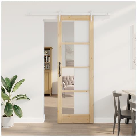 Set Porta Scorrevole  con Kit Fissaggio 78x232 cm Legno Massello Pino, Porta Interna  con Vetro 'ORKDAL'78x232x4 cm Legno Massello Pino - Foto 2