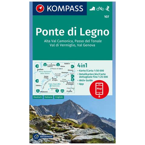 Carta escursionistica n. 107. Ponte di legno Alta Val Camonica, Passo del Tonale, Val di Vermiglio, Val Genova 1:50.000. Ediz. italiana, tedesca e inglese - Foto 1