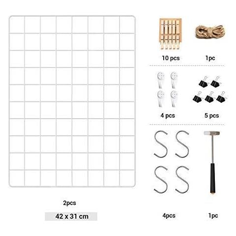 Pannelli Griglia Photo Wall Display Rete Metallica Decorazione Della Parete Bricolage Hanging Quadro A Parete S Gancio Clip Canapa Cavo Set Di 2 Lpp01w Bianco - Foto 2