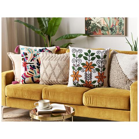 Cuscino Decorativo Vellore Bouclé 50 X 50 Cm Floreale Ricamato Bianco - Foto 1