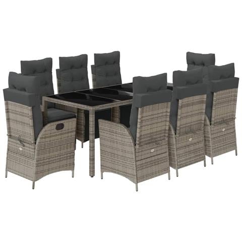 Set da Pranzo da Giardino 9 pz con Cuscini in Polyrattan Grigio - Foto 1