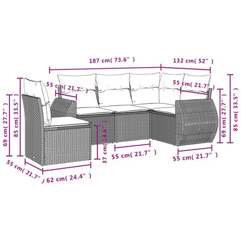 Set Divano Da Giardino 5 Pz Con Cuscini Grigio In Polyrattan - Foto 3