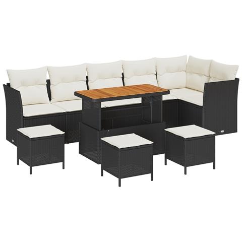 Set di divani da giardino  da 10 pezzi con cuscini in polyrattan nero e acacia, Set di pranzo da giardino  da 4 pezzi con cuscini in polyrattan nero e acacia - Foto 1