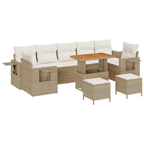 Set di Divani da Giardino a 10 Pezzi con Cuscini Beige in Rattan Poliestere Acacia, Set da Pranzo da Giardino a 3 Pezzi con Cuscini Beige in Rattan Poliestere Acacia - Foto 1