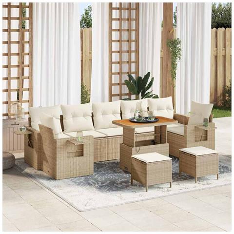 Set di Divani da Giardino a 10 Pezzi con Cuscini Beige in Rattan Poliestere Acacia, Set da Pranzo da Giardino a 3 Pezzi con Cuscini Beige in Rattan Poliestere Acacia - Foto 2