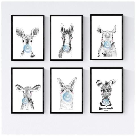Set Di 6 Stampe Animali Bambini Con Gomma Da Masticare Zebra Rino Cervo Mucca Cavallo E Fiamma A4 Senza Cornice - Foto 1
