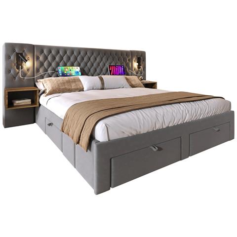 Letto Matrimoniale Vintage Con Due Comodini E Cassetti In Velluto Grigio - Foto 1