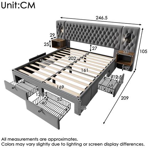 Letto Matrimoniale Vintage Con Due Comodini E Cassetti In Velluto Grigio - Foto 2