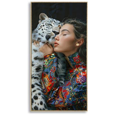 Dipinto Su Tela Moira A Donna Con Leopardo Delle Nevi, 52x102 Cm - Foto 1
