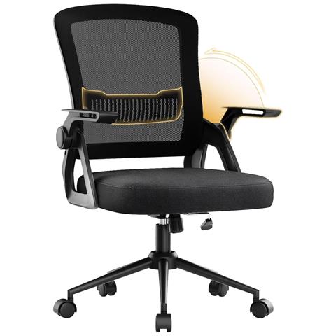 Sedia Ufficio - Sedia Scrivania - Supporto Lombare Imbottito - Braccioli Pieghevoli - Funzione Oscillante 90-105° - Nero - Foto 1