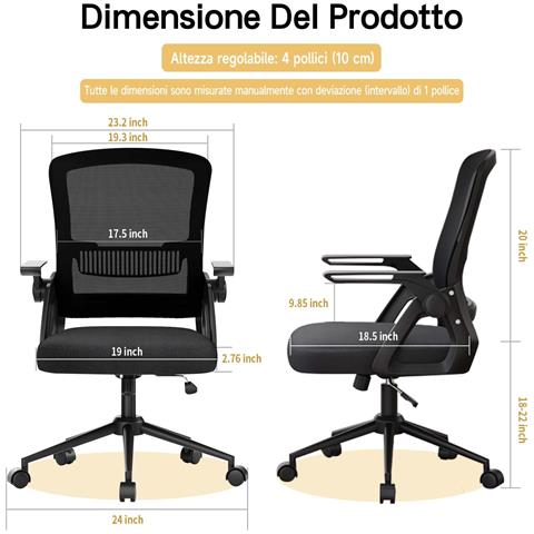 Sedia Ufficio - Sedia Scrivania - Supporto Lombare Imbottito - Braccioli Pieghevoli - Funzione Oscillante 90-105° - Nero - Foto 2