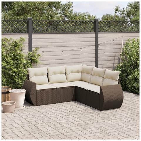 Set Divano Da Giardino 5 Pz Con Cuscini Marrone In Polyrattan - Foto 1