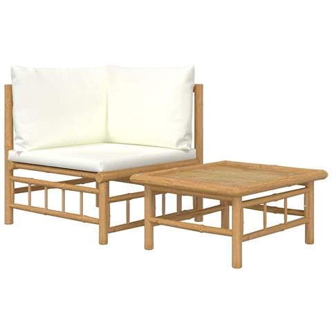 Set Salotto da Giardino 2pz con Cuscini Bianco Crema in Bambù - Foto 1